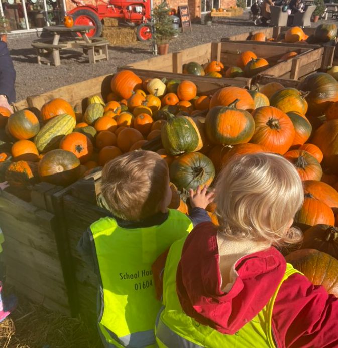 Holiday club children choosing pumpkins at a pumpkin patch