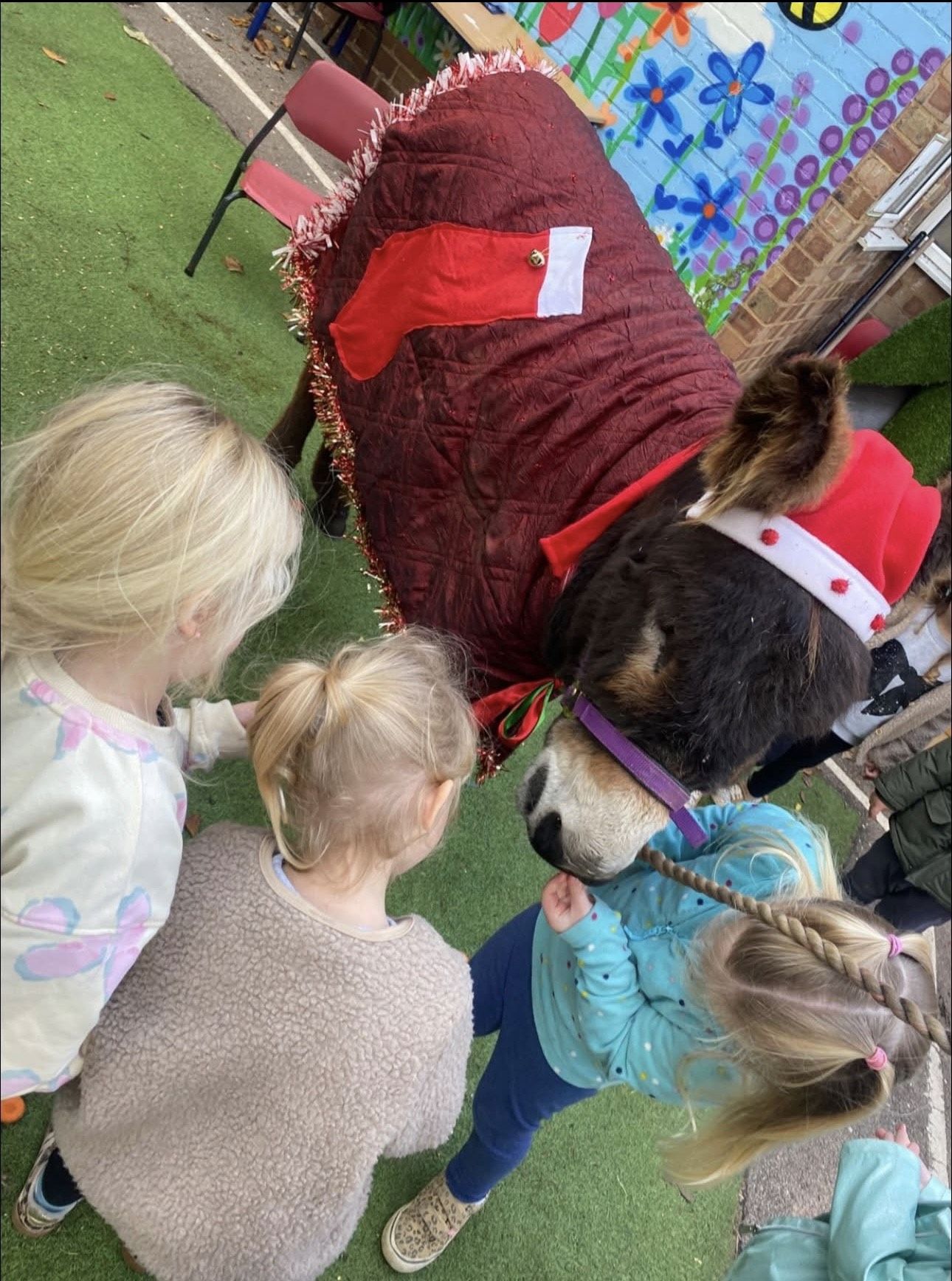 Children meeting a visiting dog in the garden