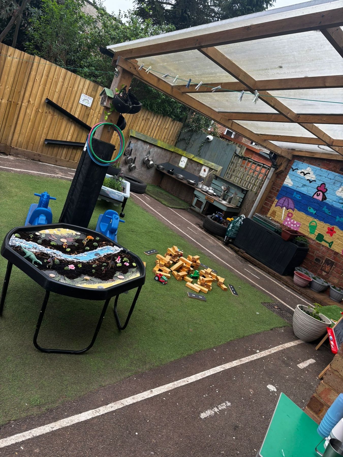 Covered canopy area with tuff tray and mud kitchen