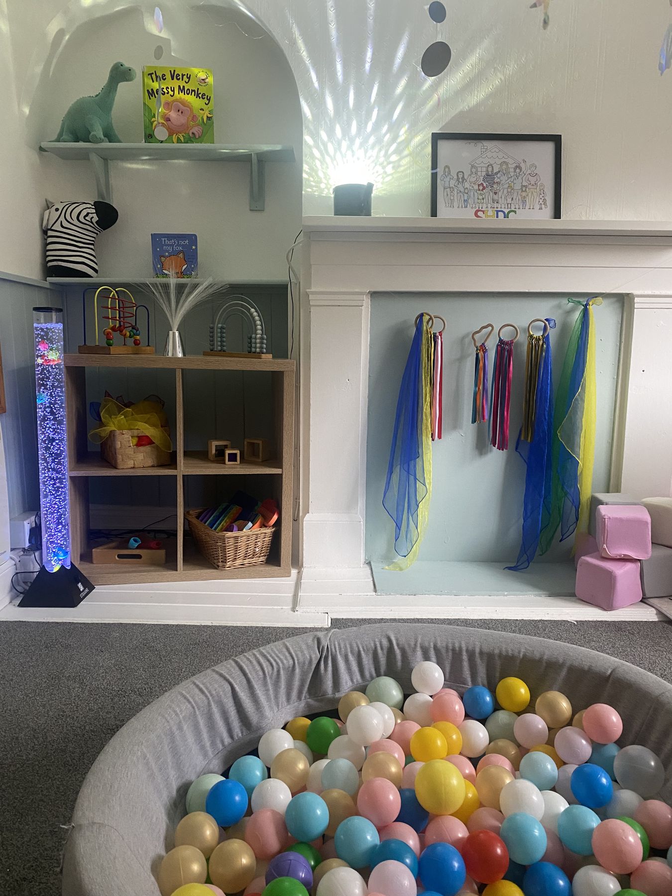 Mark-making nook and ball pit in the Toddler Room